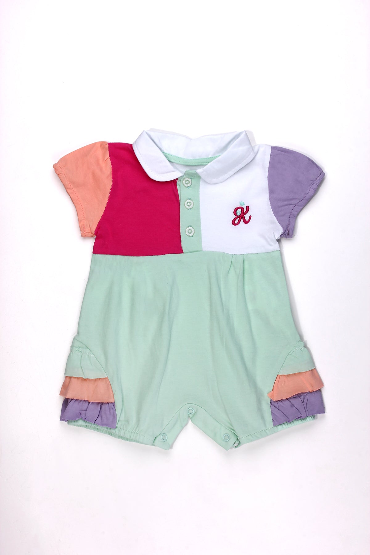 Kız Bebek Polo Yaka Çıtçıtlı Renkli Bloklu Pamuklu Tulum 6-24 Ay